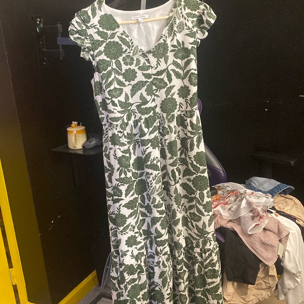 Green and white maxi dress.